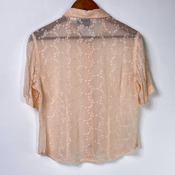 2 Of Us NYC VTG Peach Orange Sheer Floral Embroidered Button Short Sleeve Top L - Picture 8 of 9